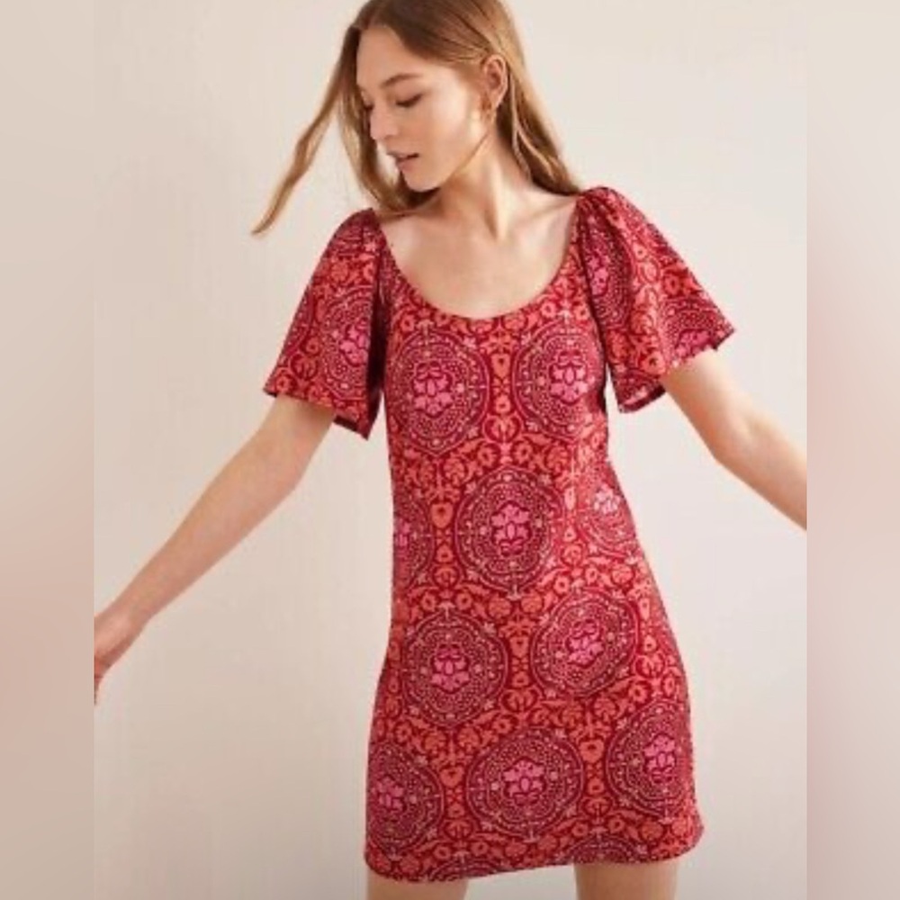 Boden Scoop Neck‎ Jersey Mini Dress Poinsettia, Exotic Tile Red Women’s 16/18